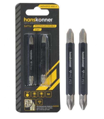 Биты двухстор. PH2хPZ2х65мм, сталь S2?Diamond 2 шт, Hanskonner HKPH2PZ2-65D-2  