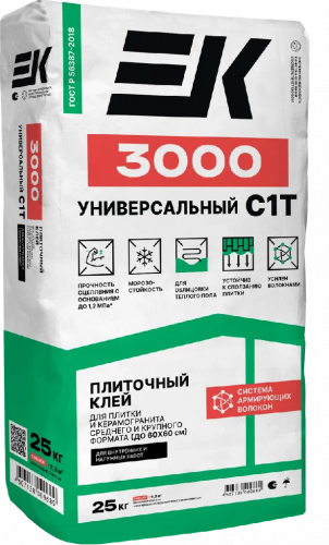 Плиточный клей для плитки и керамогранита ЕК 3000 Универсальный класс С1Т армированный (25кг) (004867)