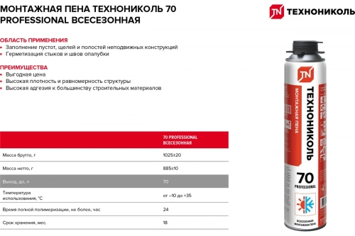Пена монтажная ТЕХНОНИКОЛЬ 70 PROFESSIONAL всесезонная, 12*1 020 гр.  фото 10